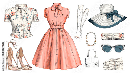 Vintage Fashion Illustration with Dresses and Accessories