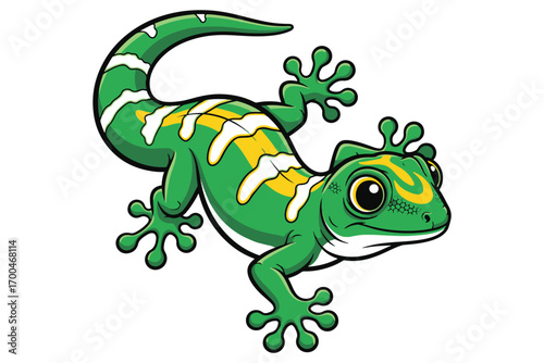 Cartoon gecko with green skin and yellow markings, isolated on white background, showcasing its vibrant colors and playful design in a cheerful style vector illustration