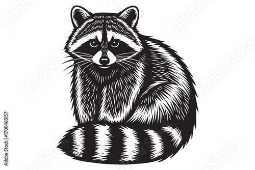 Detailed black and white drawing of a raccoon with its striped tail curled around its body, isolated on white background vector illustration
