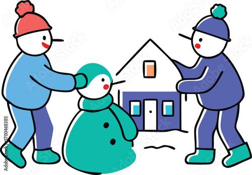Vector cartoon illustration of happy children playing with a snowman during a winter holiday celebration