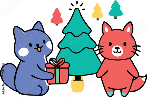Funny holiday cartoon of a cute cat and playful dog with a festive mouse toy