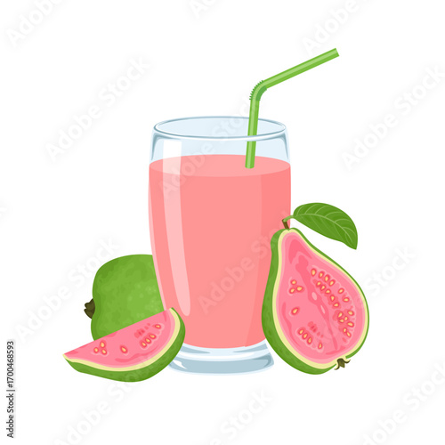 Guava juice in glass isolated on white background. Vector cartoon flat illustration. 