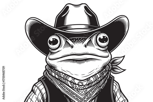 A whimsical frog with a cowboy hat and bandana isolated on white background, embodying a blend of nature and western charm in a unique design vector illustration
