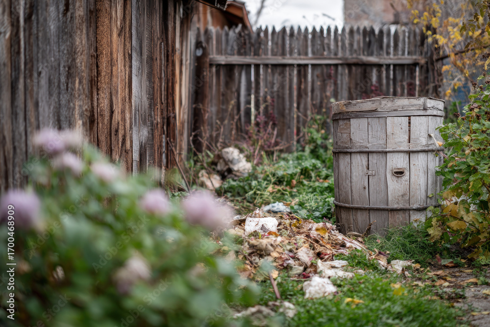 Naklejka premium An old wooden barrel sits amidst colorful foliage and blooming flowers in a tranquil garden during autumn