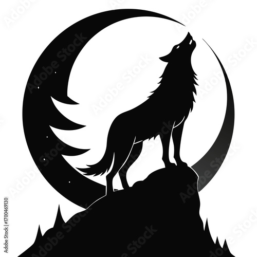 Silhouette of a Wolf Howling at the Moon on a Rocky Outcrop