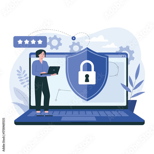 Vector art of person using a laptop with a shield icon and padlock on screen, representing online security and data protection