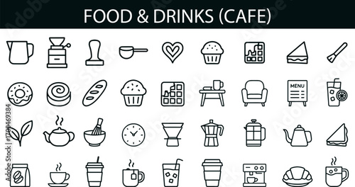 Cafe Food and Drinks Icon Set for Coffee Shops, Menus, and Hospitality UI Design