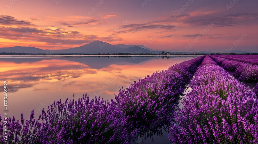 Obraz premium Stunning lavender field mirrors vibrant sunset sky with tranquil lake reflecting distant mountains and soft clouds