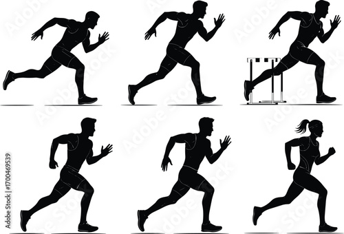 Running silhouettes, athletic motion, sprinting poses, hurdle jump, sports training, dynamic runners, track race, fitness movement, vector illustration, black figures, competition