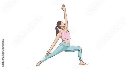 A serene woman performs an energizing yoga stretch, reaching her arm skyward, illustrating balance, physical strength, and mindful well-being.