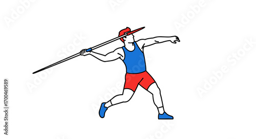 A determined male athlete in athletic attire poised to launch a javelin, depicted in a clean, modern outline illustration style.