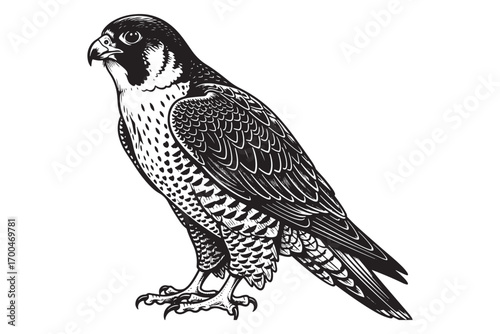 Detailed monochrome illustration of a falcon perched, showcasing its sharp talons and keen gaze isolated on white background, capturing its predatory nature vector illustration