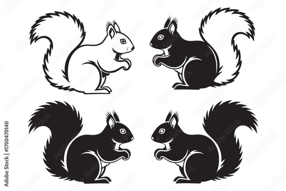Obraz premium Four squirrels, two black and two white, stand facing each other, their bushy tails adding charm, isolated on white background, creating a playful scene vector illustration