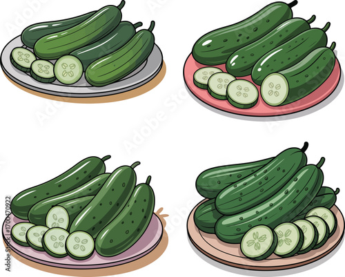 Fresh vegetable set with cucumbers and organic green produce illustration