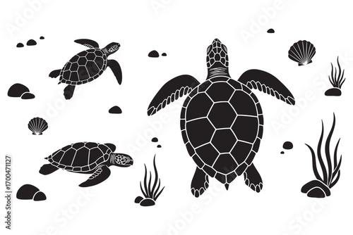 Two sea turtles swimming near the ocean floor, while one is resting on the bottom, isolated on white background, with seaweed and shells around them vector illustration