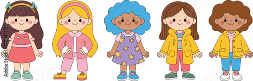 Five diverse cute cartoon girls standing in colorful clothes and shoes, smiling characters, childhood, diversity, kids illustration, happy children
