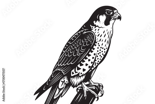 Detailed illustration of a falcon isolated on white background, capturing its majestic presence and sharp features with intricate linework and shading vector illustration
