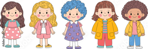 Five diverse cute cartoon girls standing smiling, colorful outfits and shoes, happy children characters, childhood illustration, diverse kids, friendship, cute girls group