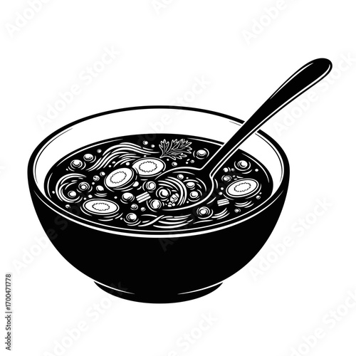 Bowl of soup with spoon silhouette isolated on white background