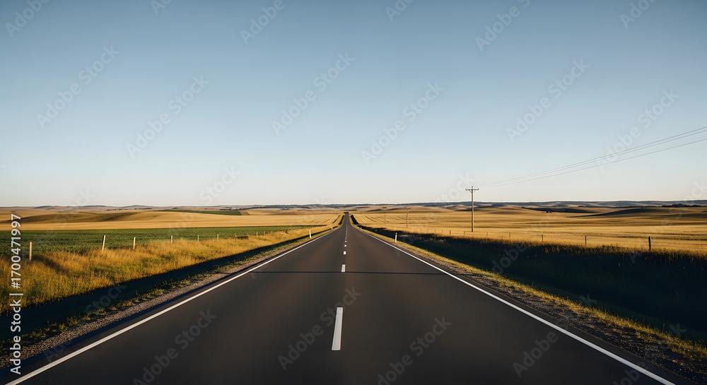 Fototapeta premium A long, straight asphalt road stretches into the distance under a clear blue sky, bordered by golden fields.