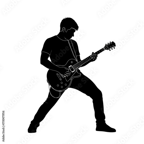 Man playing electric guitar silhouette isolated on white background