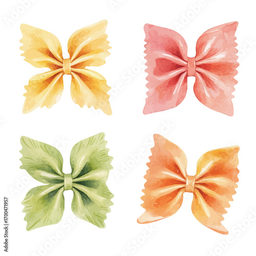 An Artistic watercolor design of farfalle pasta, hand-painted and isolated on a white background, suitable for print and digital use, EPS file. vector painting	