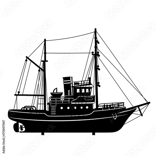 Fishing trawler silhouette isolated on white background