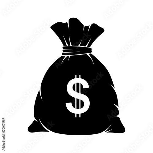 Black silhouette of a money bag with dollar sign isolated on white background