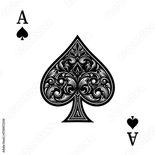 Ornate ace of spades playing card silhouette isolated on white background