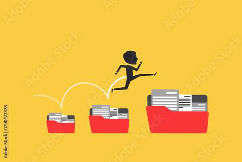 Businessman jumping to the big folder. concept of Career growth development plan, job promotion
