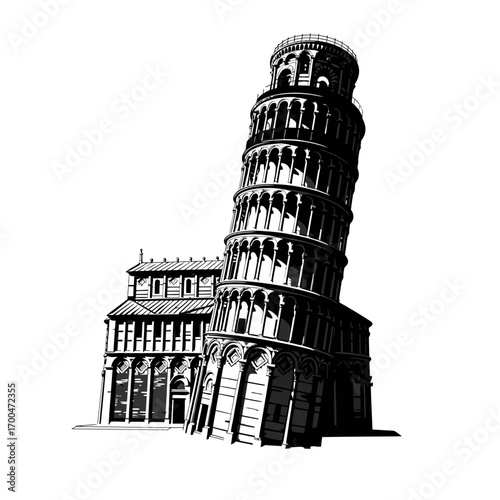 Leaning tower of pisa silhouette isolated on white background