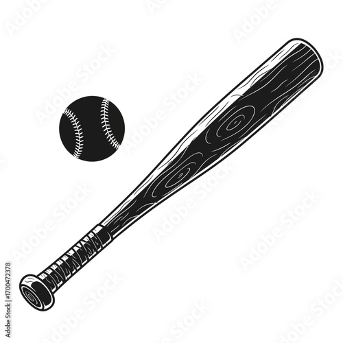 Baseball bat and ball silhouette isolated on white background