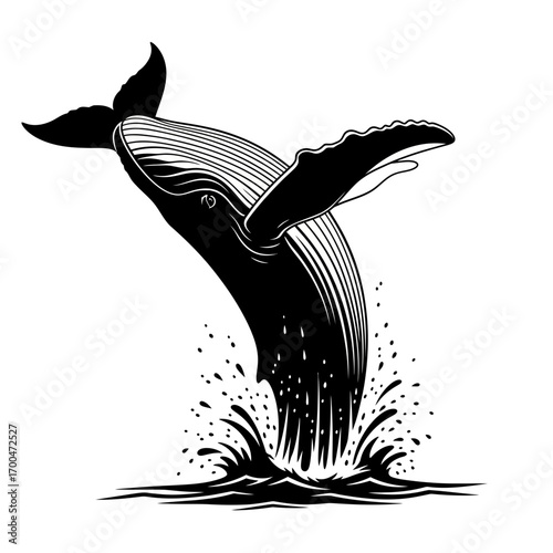 Humpback whale breaching silhouette isolated on white background