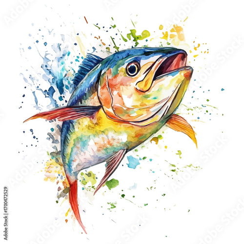 A minimal layout, Watercolor painting of tuna fish, delicately hand-painted with artistic brush strokes, white background, vector EPS. vector illustration