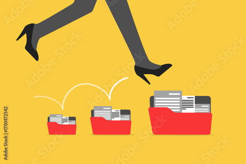 Business woman jumping to the big folder. concept of Career growth development plan, job promotion