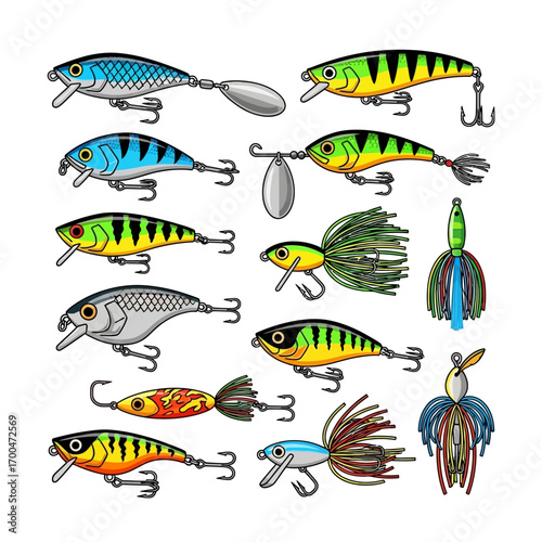 Collection of various colorful fishing lures for anglers, including crankbaits, jigs, and spoons, designed to attract a variety of fish species for a successful catch