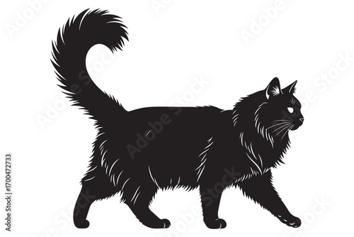 A sleek black cat with a fluffy tail strides confidently, isolated on white background, embodying feline grace and mystery in a minimalist design vector illustration