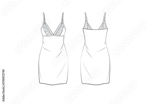 Women Lingerie Nightwear Satin Fitted Slip Dress With Laces detail , Front & Back View, fashion flat sketch, Front & Back View, Editable Flat Technical Drawings Illustration, Intimate Apparel Mock up
