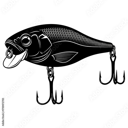Black fish fishing lure silhouette isolated on white background
