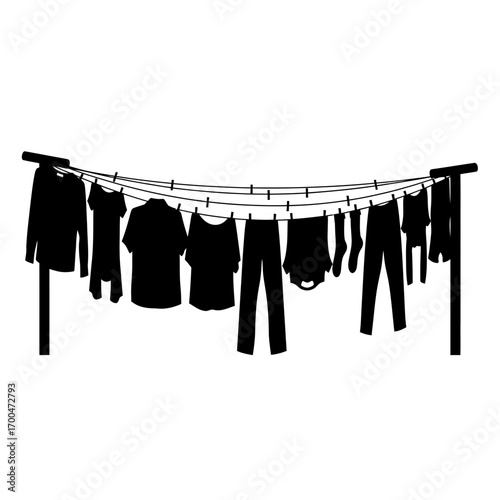 Laundry drying on a clothesline silhouette isolated on white background