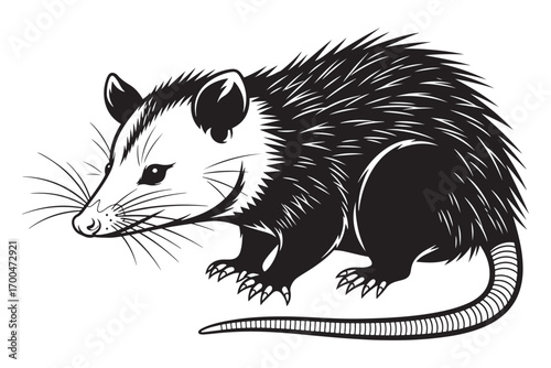 Opossum illustration isolated on white background, showcasing its distinctive features and unique characteristics in a detailed black and white drawing vector illustration