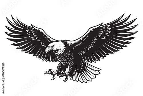 A majestic bald eagle soars with outstretched wings, isolated on white background, embodying freedom and power in a striking monochrome illustration vector illustration