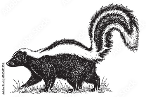 Skunk illustration isolated on white background, showcasing its distinctive black and white striped pattern and bushy tail in a detailed drawing vector illustration