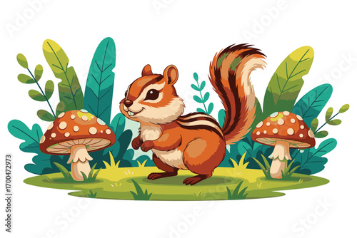Chipmunk in a whimsical forest isolated on white background, surrounded by colorful mushrooms and lush foliage, creating a charming and playful scene vector illustration