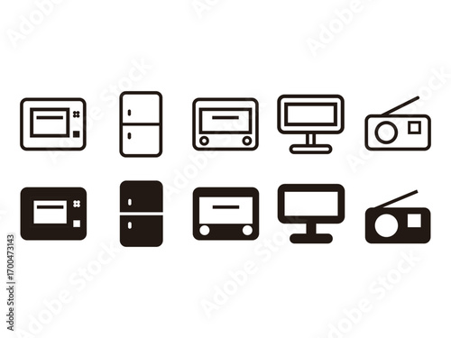 冷蔵庫、電子レンジ、トースター、テレビ、ラジオのアイコンのセット