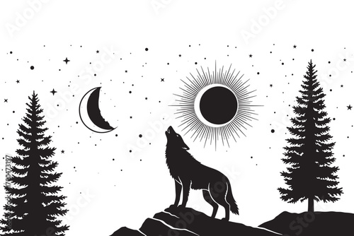 Mystical wolf howling at the moon amidst a celestial landscape with stars and trees isolated on white background, evoking a sense of wilderness vector illustration