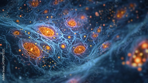 phosphorylation. Microscopic dreamlike view inside a cell, with mitochondria as tiny glowing power plants recharging at night. STEM education sheets.