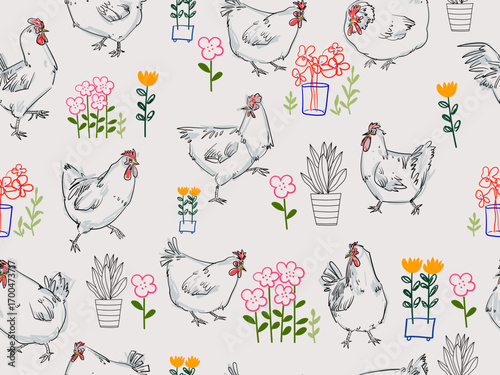 Cute sketch chicken, hen, rooster seamless pattern hand drawn vector illustration background. Design for greeting cards,wallpaper, textile and banner.