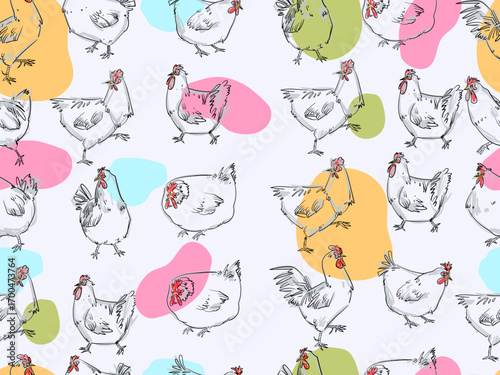 Cute sketch chicken, hen, rooster seamless pattern hand drawn vector illustration background. Design for greeting cards,wallpaper, textile and banner.