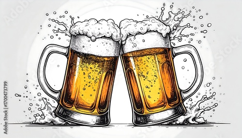 Two beer mugs clinking, celebratory foam